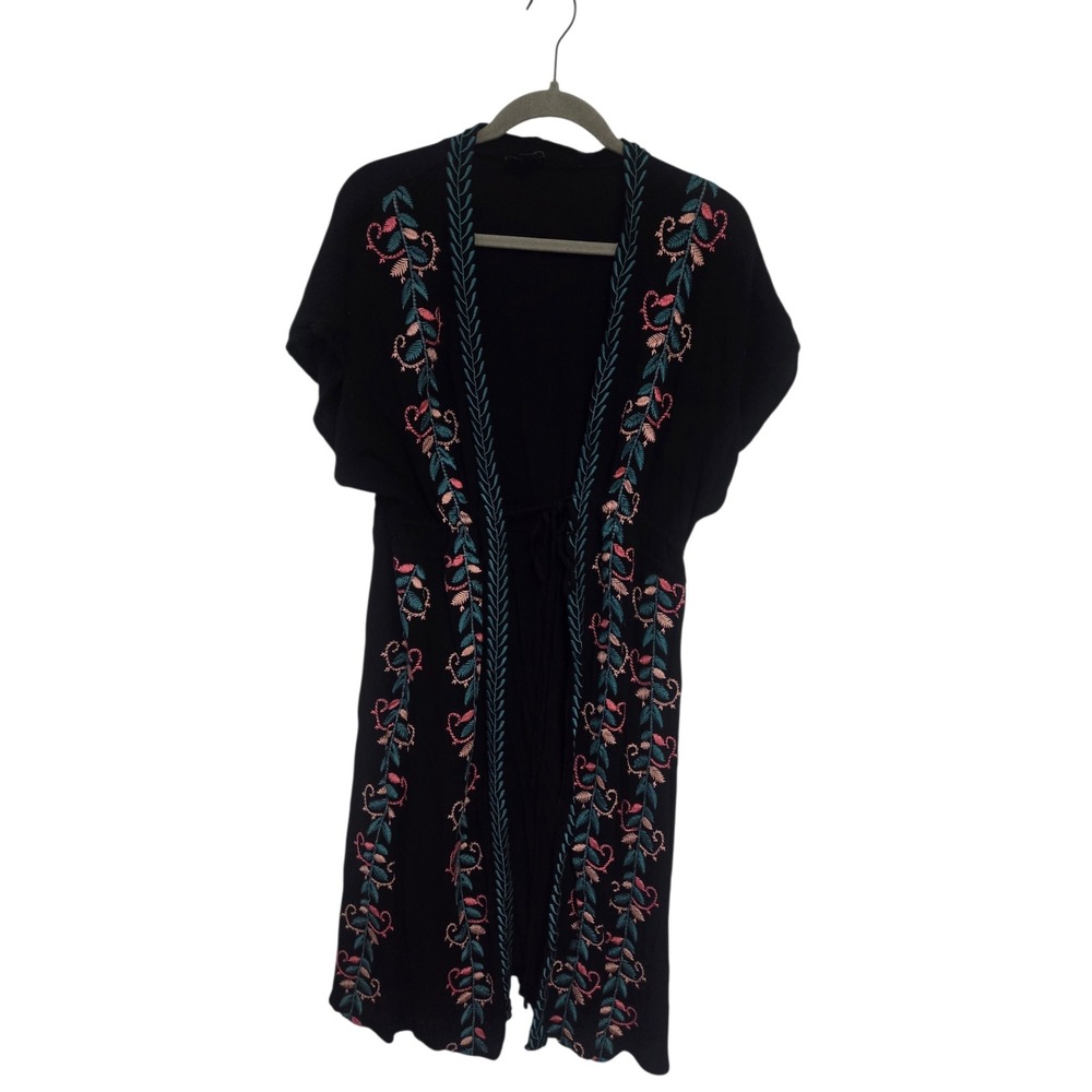 Curations‎ Black Embroidered Floral Kimono Cardigan Duster XL Boho Short Sleeve